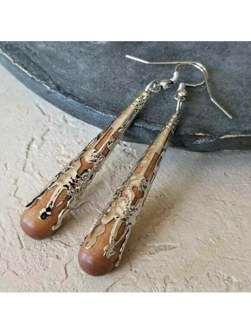 Silver Filigree Wood Teardrop Earrings